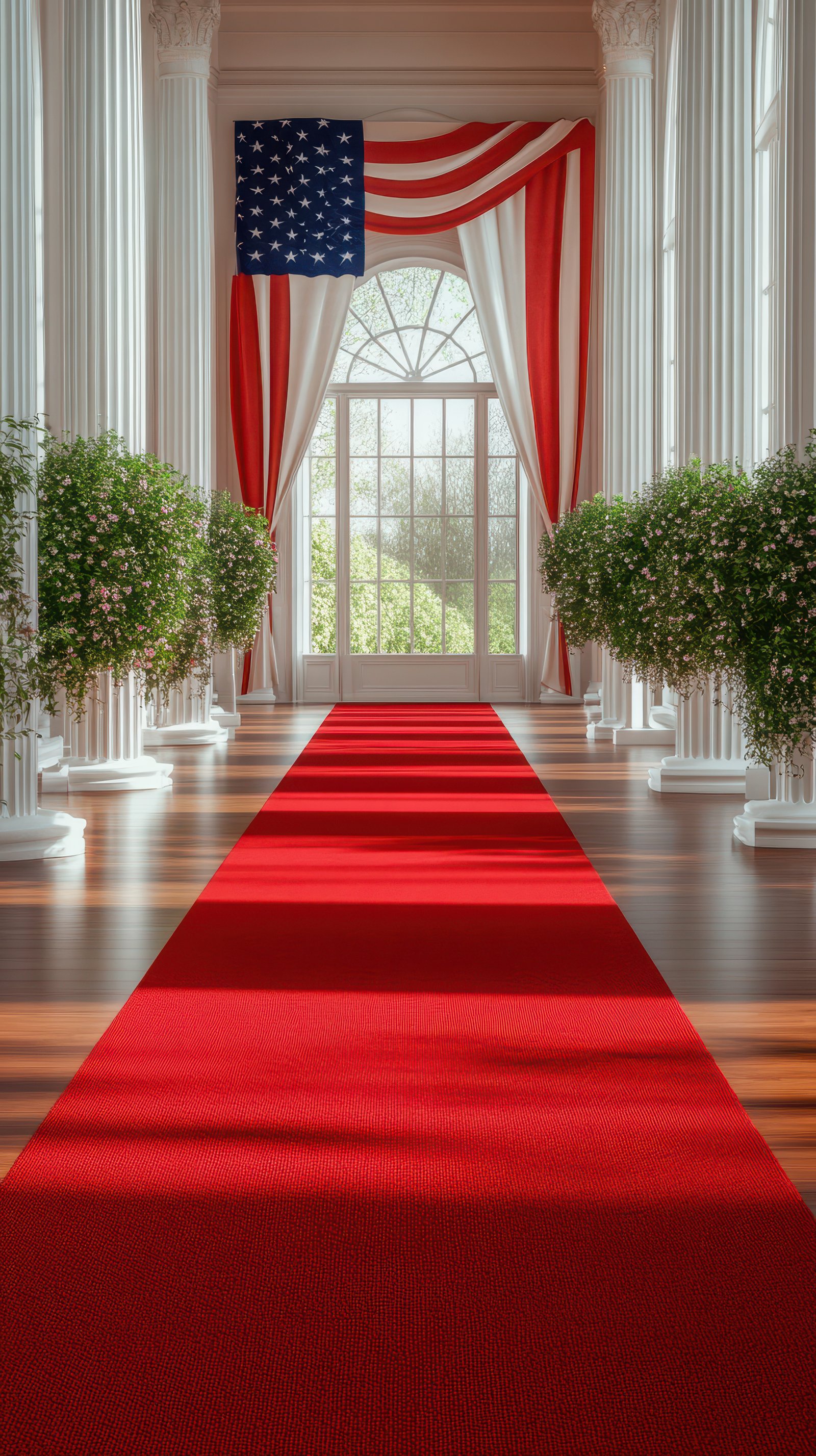 Elegant red carpet leads to a grand window draped in American flag in a stately room